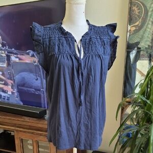 Loft Navy Sleeveless Top Ruffled Shoulders